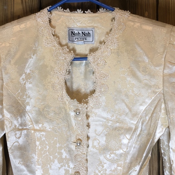 VTG 90s Ivory Brocade/Lace Trim Peplum Jacket/Full Skirt Womens Set 4P~Wedding - Picture 16 of 16